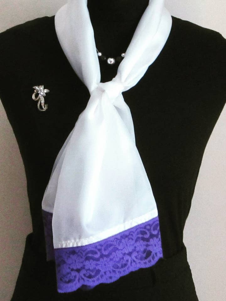 Lightweight Silk Ivory Scarf With Purple Lace Trim for wholesale by Style Showroom