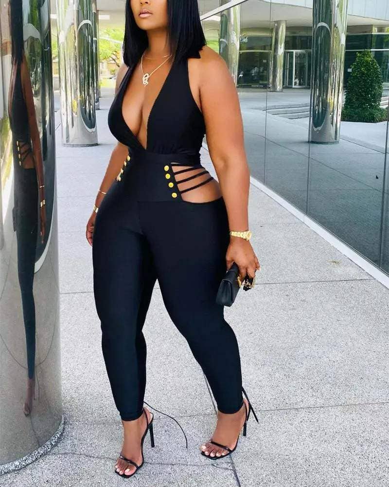 Fashion Combination - Wholesale Jumpsuit - Women's - plunging halter backless cutout skinny jumpsuit0