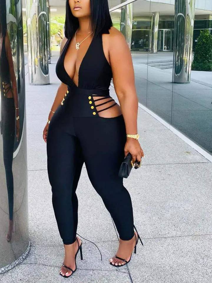 Fashion Combination - Wholesale Jumpsuit - Women's - plunging halter backless cutout skinny jumpsuit