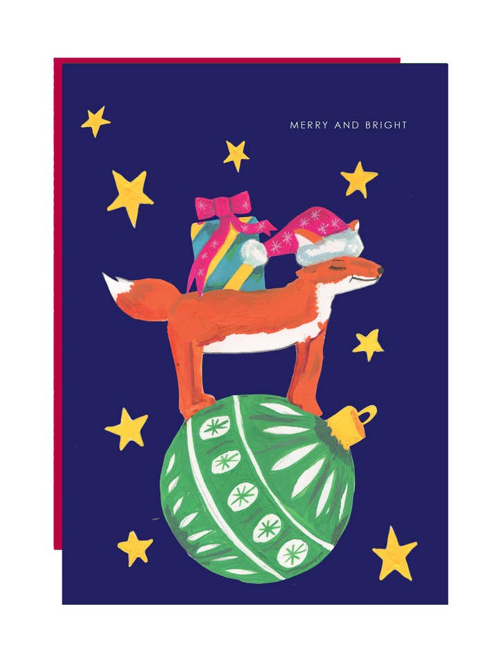 Carte de vœux de Noël 'Renard sur boule' pour la vente par Hutch Cassidy (Greetings Cards and Paper Goods)