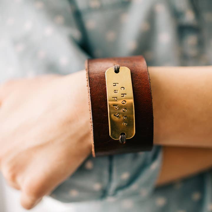 Choose Happy Leather Bracelet - Black for wholesale by Maggie Claire Designs