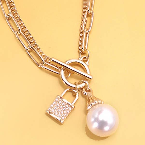 Gold PEARL LOCK CHARM DOUBLE LAYER TOGGLE NECKLACE | 31N24104NECK for wholesale on Faire