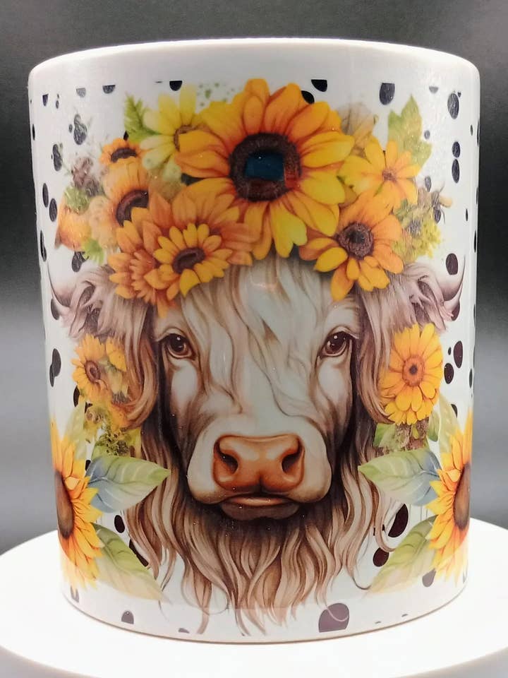Highland Cow Sunflowers Mug 11oz - Cute Farm Animal Gift for wholesale by American Taina Crafts