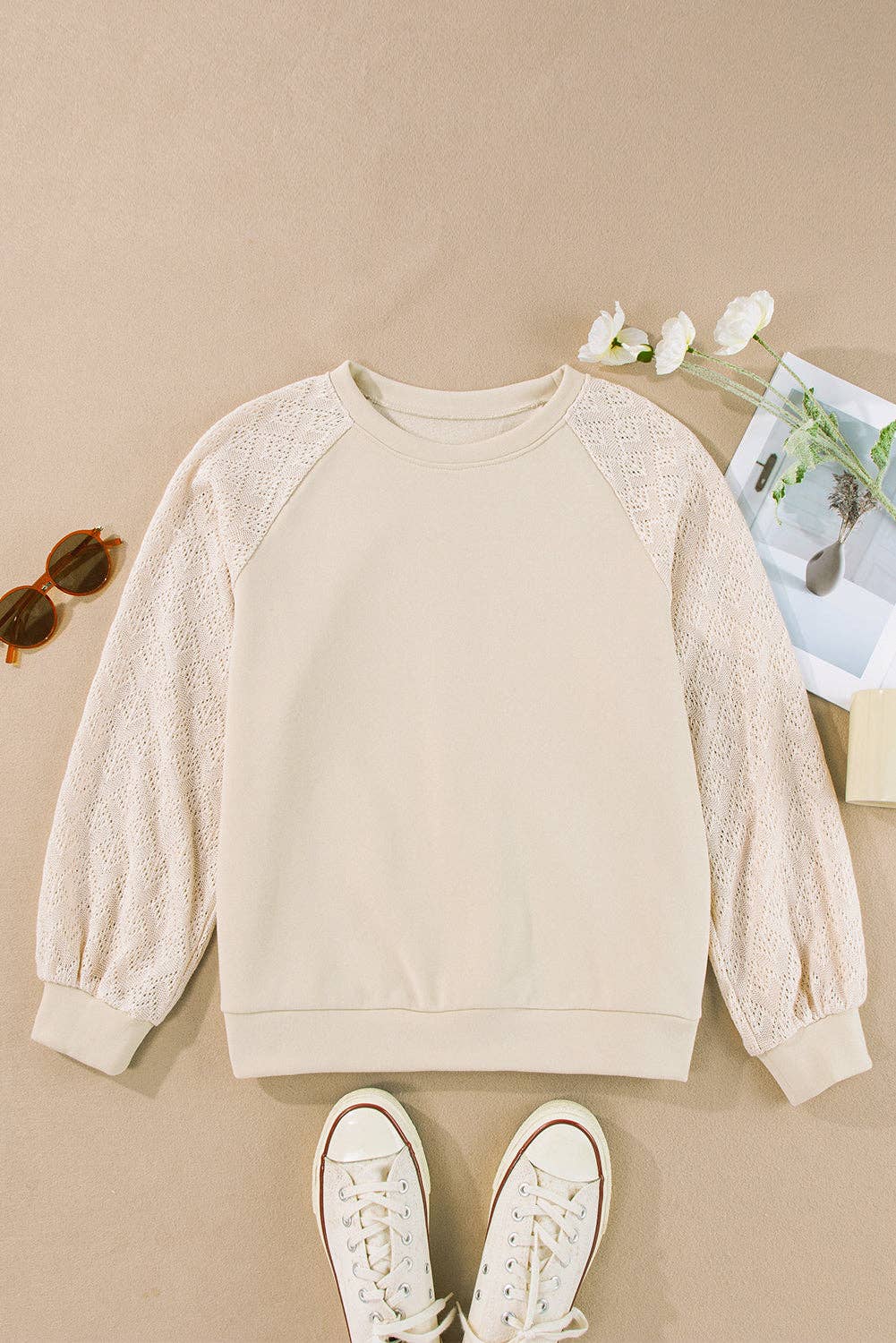 Parchment Eyelet Knit Patchwork Raglan Sleeve Pullover Top for wholesale on Faire2