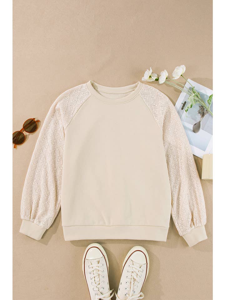 Parchment Eyelet Knit Patchwork Raglan Sleeve Pullover Top for wholesale on Faire2