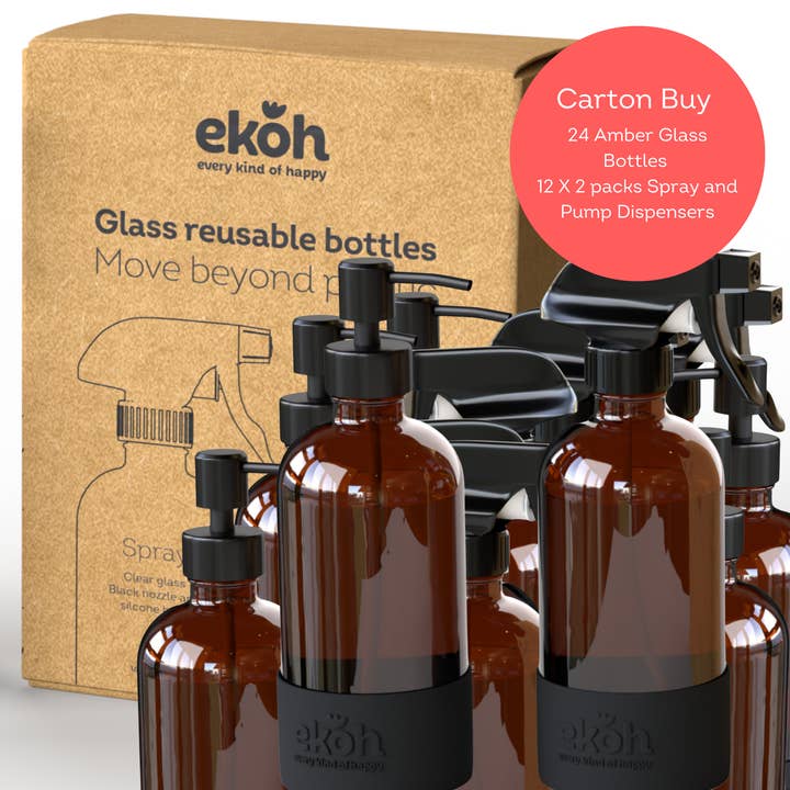 EKOH – wholesale Soap dispenser – Amber Bottles Bulk Buy Carton: 24 Brown Glass Soap Dispenser & Spray Bottles 500ml ea.