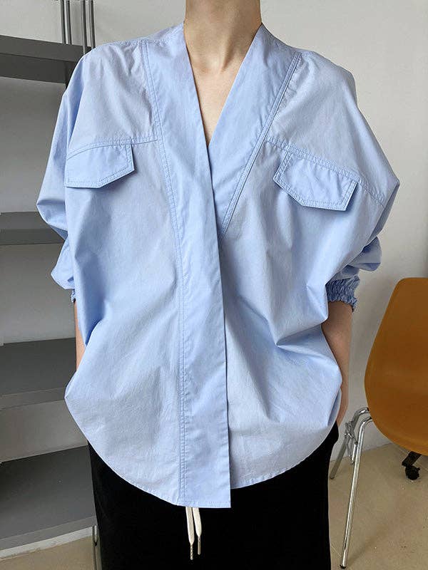UZ Wholesale Store - Wholesale Button Down Shirt - Women's - Trendy Batwing Sleeves Solid Color V-Neck Blouses11