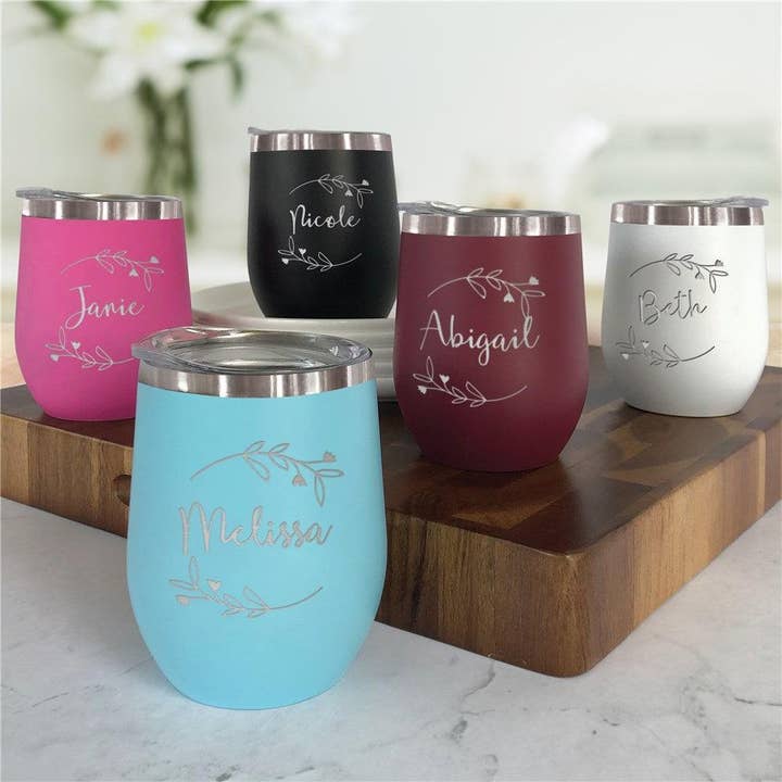 Engraved Leafy Floral Wreath Stemless Wine Tumbler for wholesale by Sunny Jar Personalized