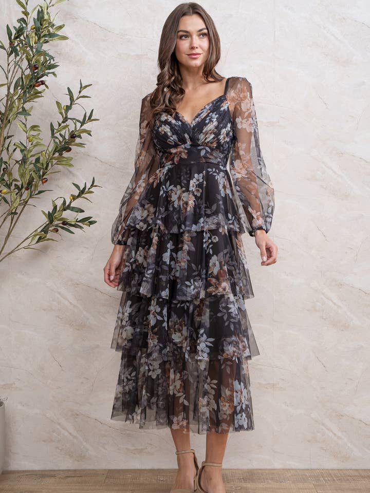 Rosemore Couture - Wholesale Dress - Women's - FLORAL PRINT PLEATED MIDI DRESS 0