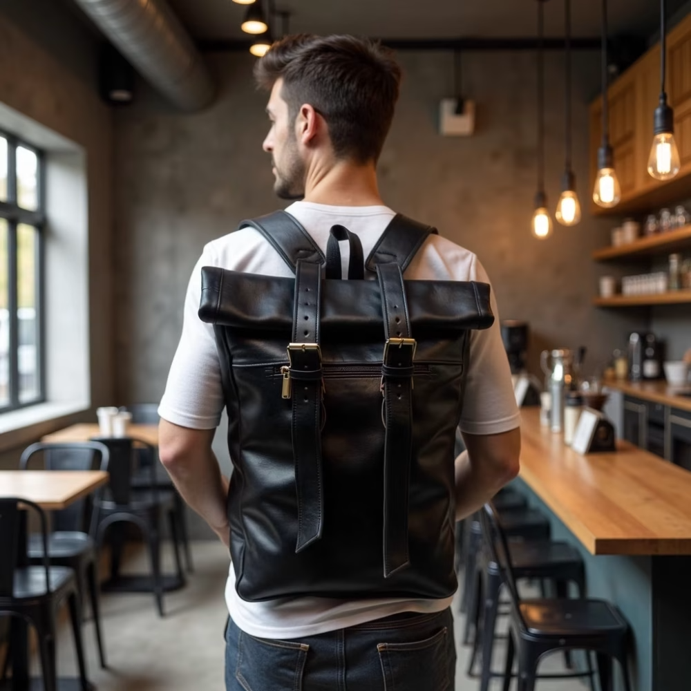 High crafty – wholesale Backpack – Unisex – Urban Black Leather Backpack – Handcrafted Rolltop Design8