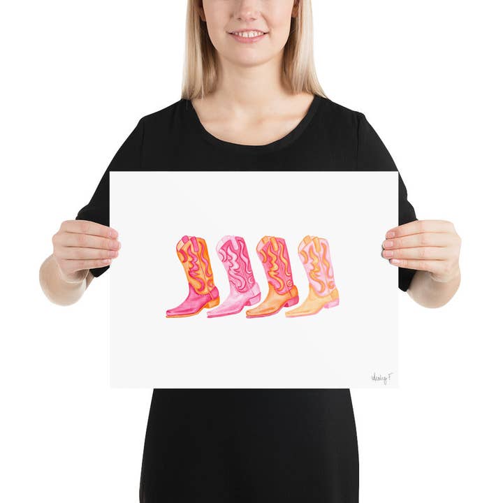 Print | Row of Mini Hot Pink & Orange Cowboy Boots Watercolor | Coastal Cowgirl Southern Rustic Western Colorful Fun Dorm Room Poster Decor for wholesale by Shop Art by Audrey