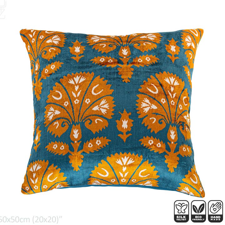 Orange & Blue Traditional Ikat Silk Velvet Cushion Covers for wholesale by OyzShop
