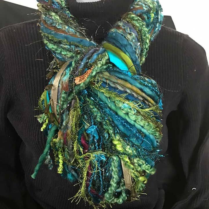 Scarves of Westwood - Wholesale Scarf - Women's - Turquoise and Olive Scarf with Hand Dyed Ribbon - Artisan