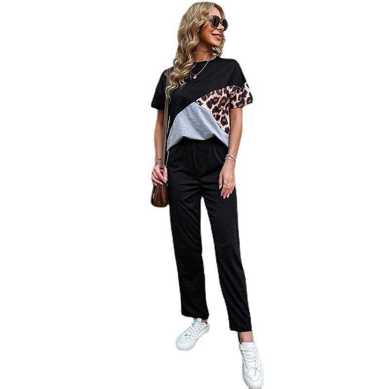 BLACK Colorblock Leopard Print T-Shirt Pants Set for wholesale on Faire4