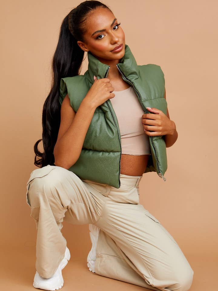 PU Down Fill Padded Cropped Gilet for wholesale by Stylewise Direct