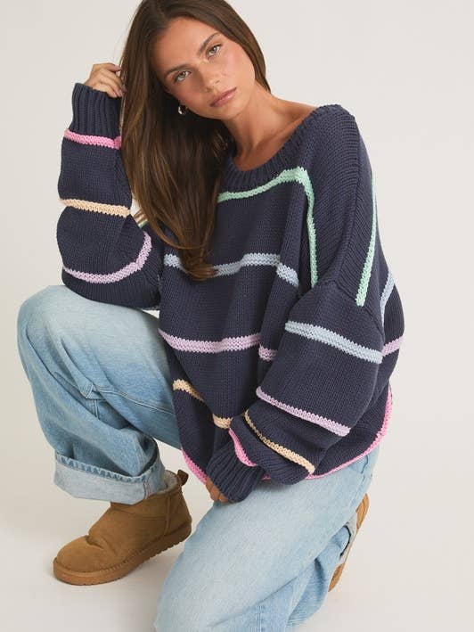 Navy Multi Stripe Long Sleeve Round Neck 3d Striped Sweater for wholesale on Faire