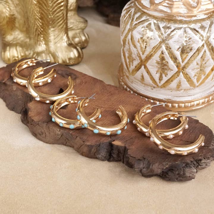 PennyLine inc - Wholesale Hoop Earrings - Classic Bubble Hoops – Gold with Crystal, Pearl, or Turquoise14