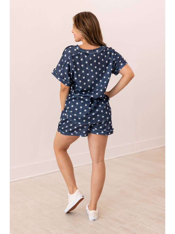 Blue Navy Stars Waffle Knit Shorts for wholesale on Faire