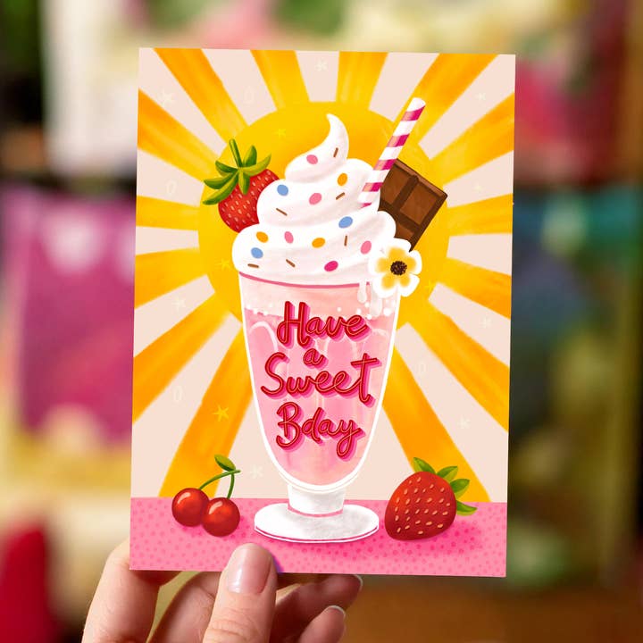 Aniet Illustration - Wholesale Birthday Card - Pink birthday milkshake card with sun sweet birthday1