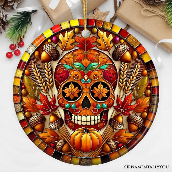 Autumn Harvest Sugar Skull Ornament, Vibrant Fall Foliage for wholesale by OrnamentallyYou