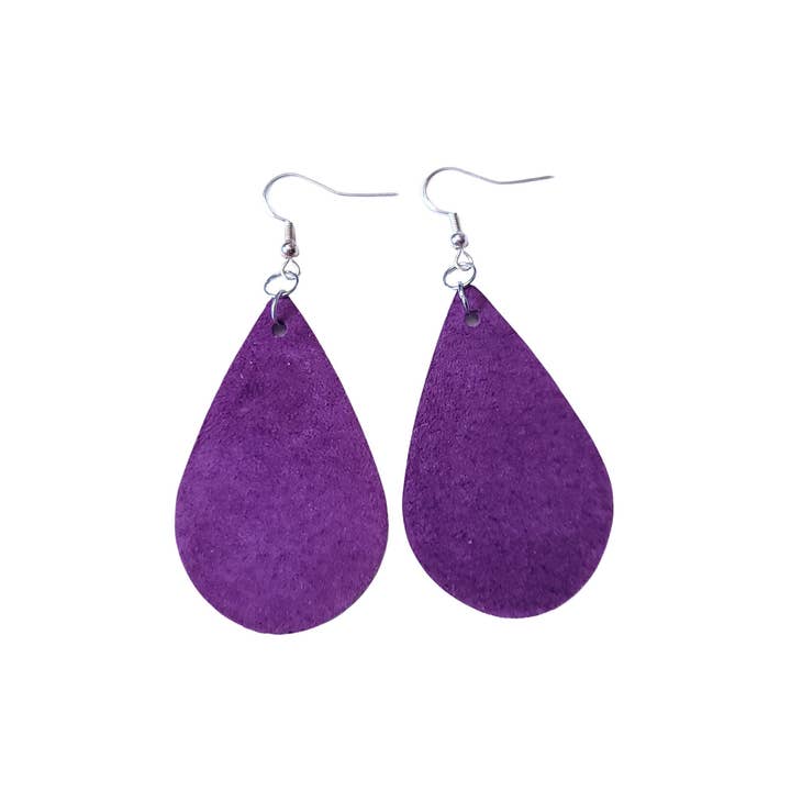 Tropfenförmige Ohrhänger aus lila Leder, Herbst-Ohrringe für den Großhandel von Everything's Right Designs