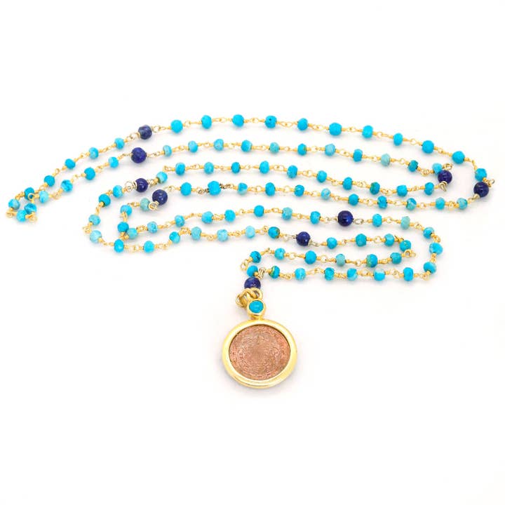 Turqouise and Lapis Sri Yantra Necklace for wholesale by The sattva collection