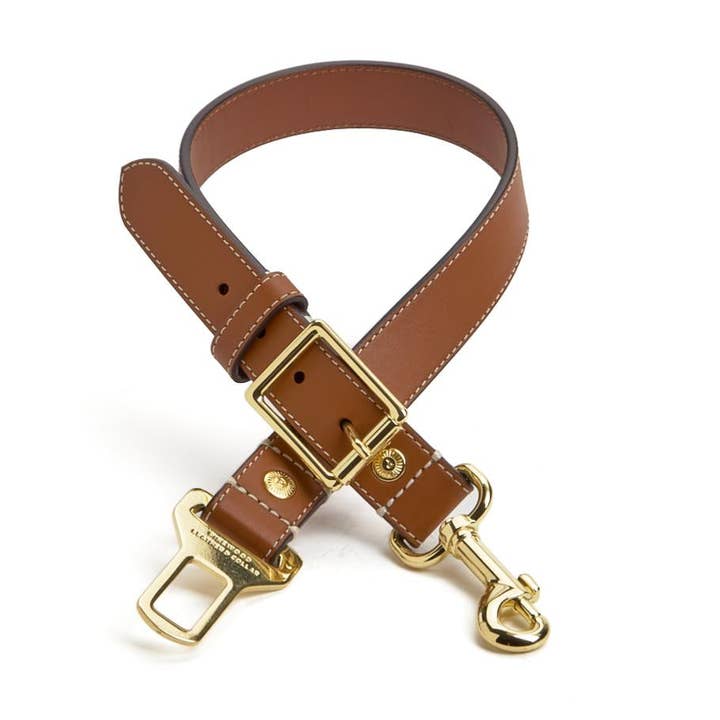 Leather Dog Seatbelt – Tan-Gold Finish for wholesale by Pinewood Leather & Collar