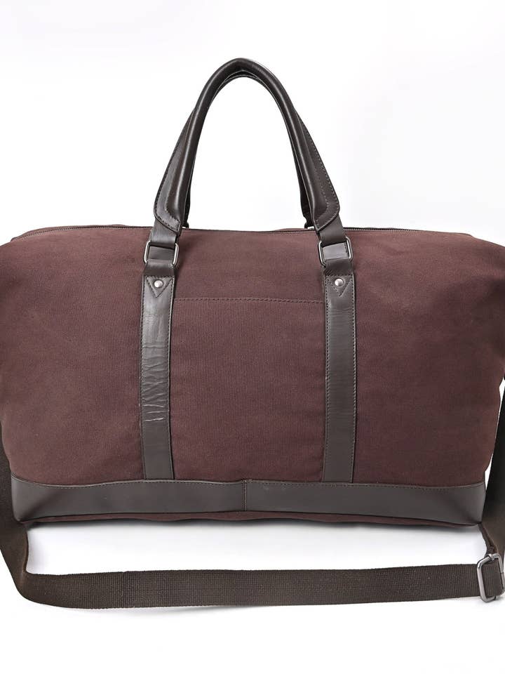 Chokoladefarvet weekendtaske i lærred og læder for engroshandel hos Ganges Grain Inc
