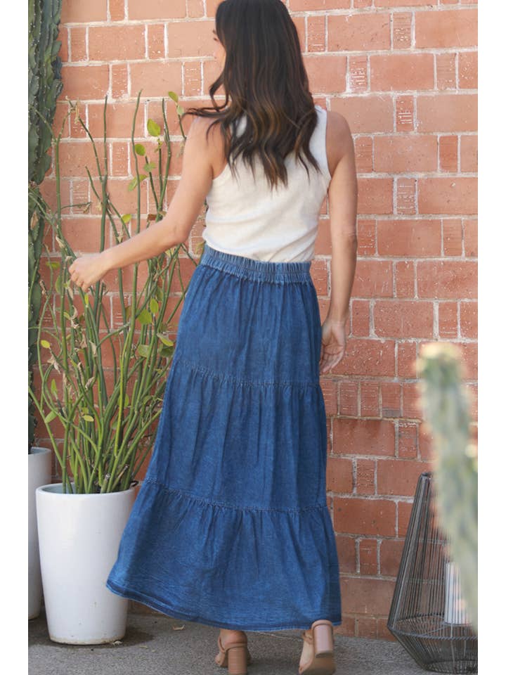 Nostalgia - Wholesale Skirt - Women's - N6B00-ASIS DENIM TIERED MAXI SKIRT WITH SLIT