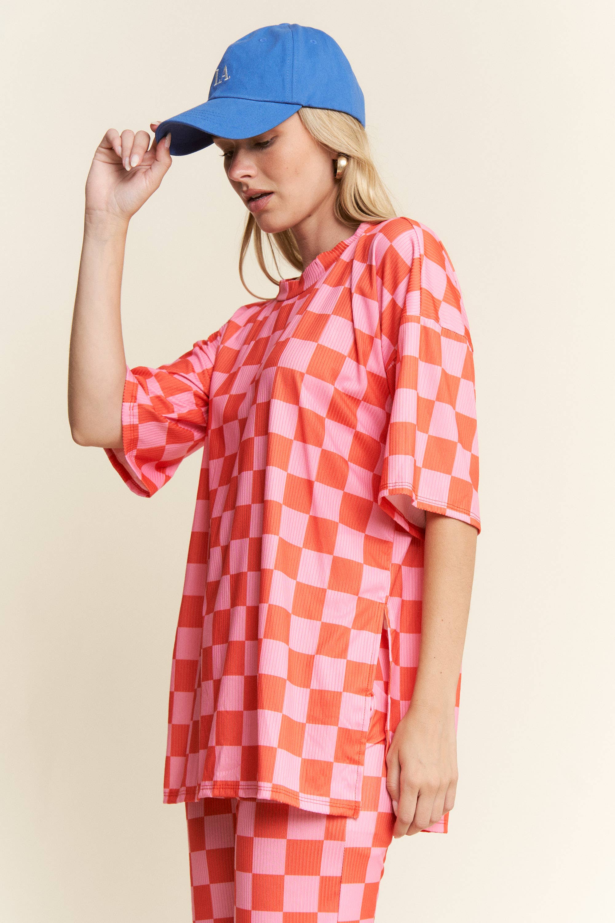 JADE BY JANE - Wholesale Lounge Set - Women's - RIBBED CHECKERED PRINT TOP/STRAIGHT LEG PANTS SET21