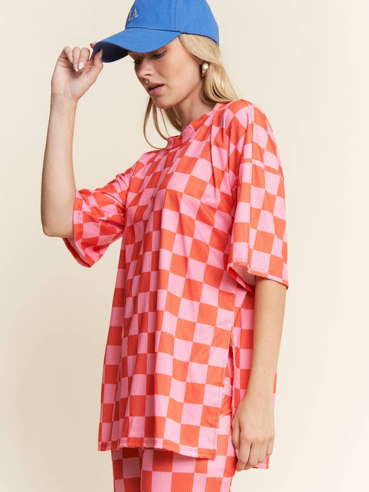 JADE BY JANE - Wholesale Lounge Set - Women's - RIBBED CHECKERED PRINT TOP/STRAIGHT LEG PANTS SET21