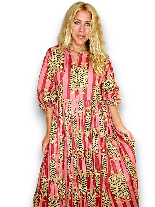 IDA IVY Pouf-ärm Klänning Tiger Stripe/Berry för wholesale av Helga May