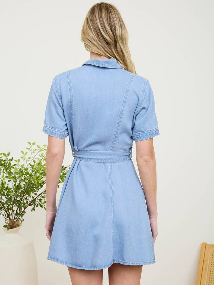 CHAMBRAY COLLARED BUTTON DOWN BELTED SHIRT DRESS for wholesale on Faire