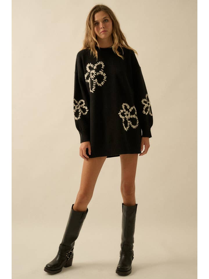 Promesa USA - Wholesale Dress - Women's - Floral Embroidered Mock-Neck Mini Sweater Dress2