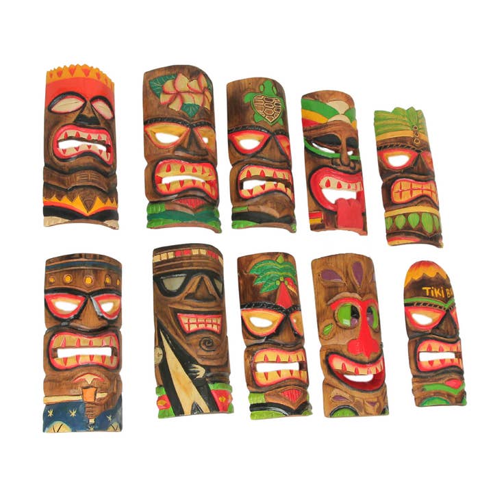 Zeckos - Wholesale Sculpture - Set of 10 Hand Carved Wood Polynesian Tiki Masks 10 Inches