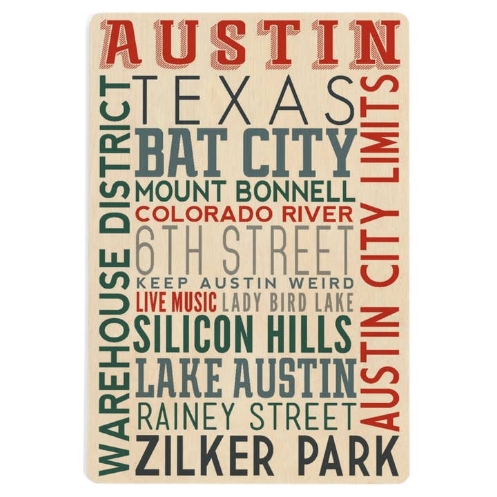 WOOD POSTCARD Austin, Texas, Typography for wholesale by Lantern Press