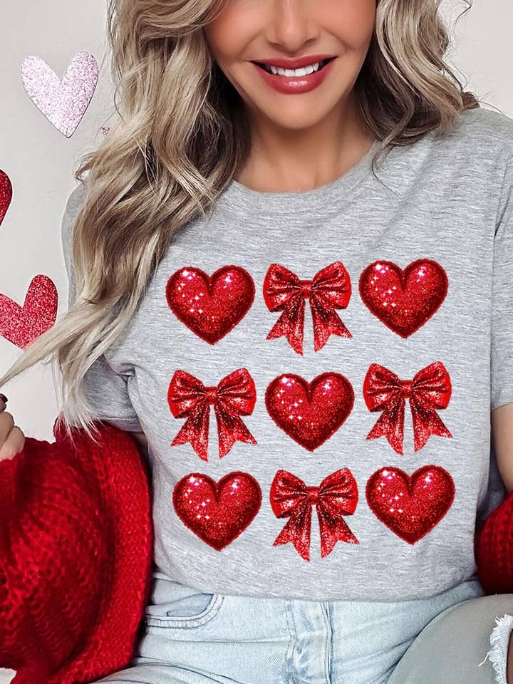 Faux Glitter Valentine Hearts & Bows Graphic Tee for wholesale by COLORBEAR