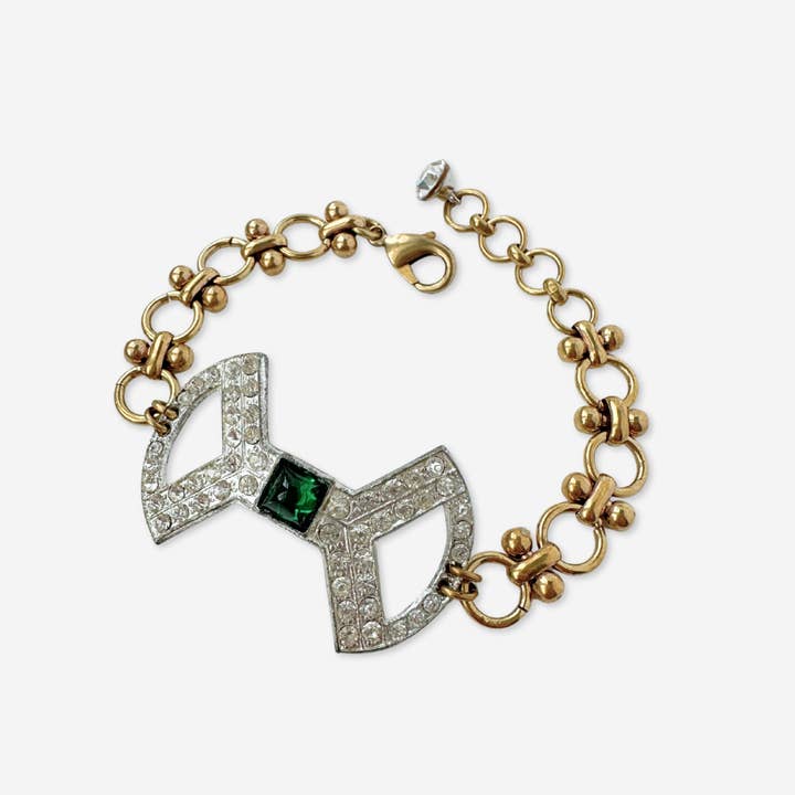 Refashioned vintage clear and green rhinestone bracelet with brass chain for wholesale by Lulu’s Petals