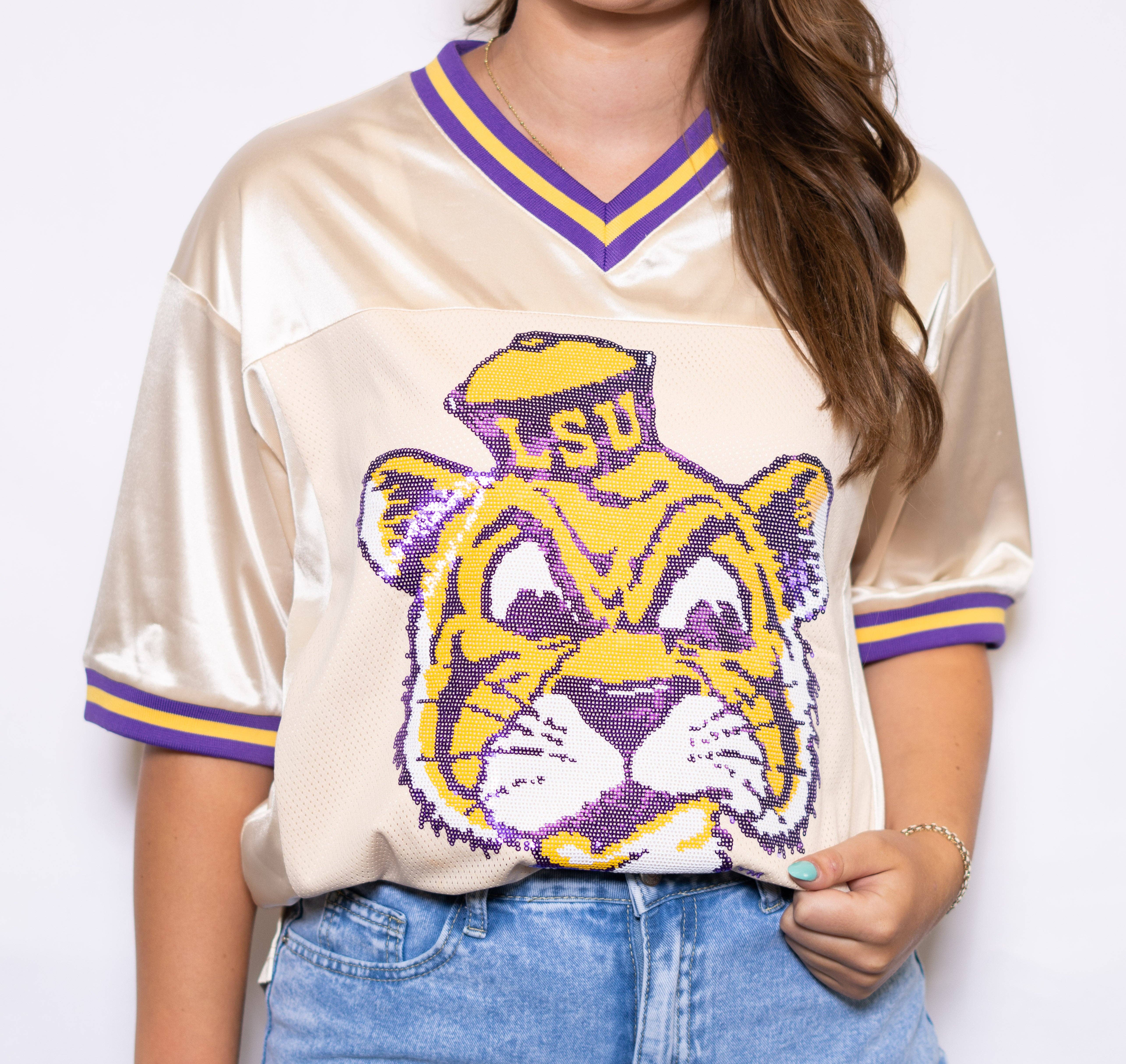 BOMB DESIGNS - Wholesale Team Sports Jersey - Women's - LSU Vintage Geaux Mike (Licensed) | Sequin Design Jersey0