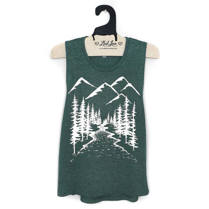 Tri Blend Forest Muscle Tank with Mountain Print for wholesale by Mad Love Shop