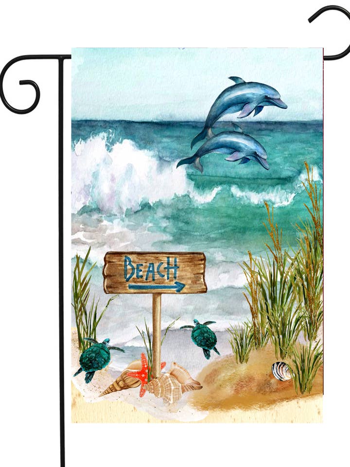 Dolphins Leaping at the Beach Garden Flag #G2226 for wholesale by Happy Cow Lawn Decor