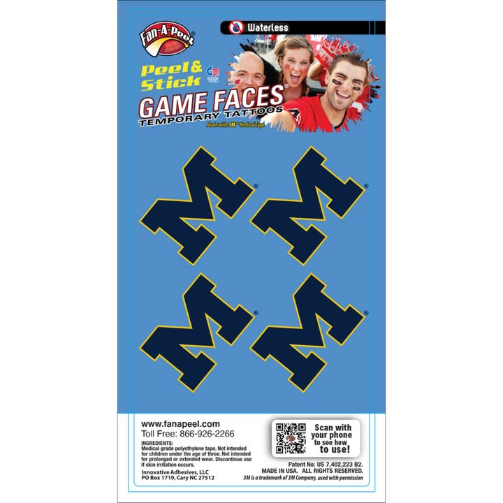 Michigan Game Faces® Temporary Tattoos for wholesale by Fanapeel / Gamefaces