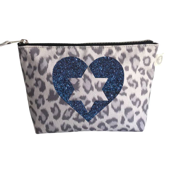 Bolsa de Maquilhagem Azul com Coração de Purpurina e Estrela de David - Leopardo Cinzento por atacado de Quilted Koala