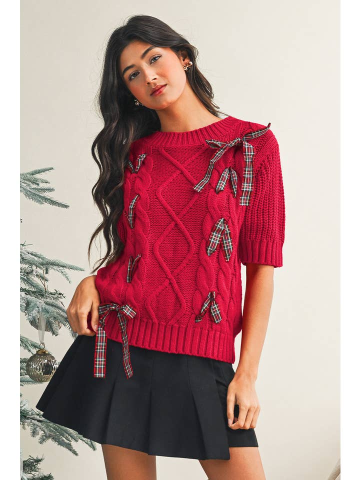 Little Daisy Closet - Wholesale Knit Sweater - Women's - LDC Cable Knit Christmas Holiday Puff Short Sleeve Sweater1