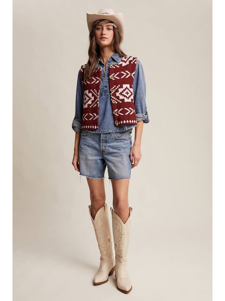 Listicle - Wholesale Sweater Vest - Women's - Southwestern Button-Up Vest LSW097717