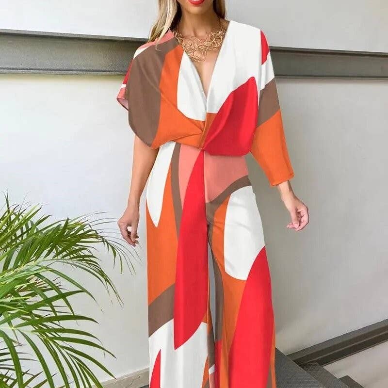 FurDecoration - Wholesale Jumpsuit - Women's - Fashion Printed Short Sleeve V-Neck Jumpsuit7