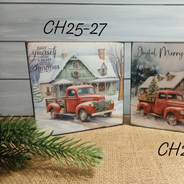 Christmas Wood Block Sign - Red Truck C for wholesale by Bluegrass Burlap Co