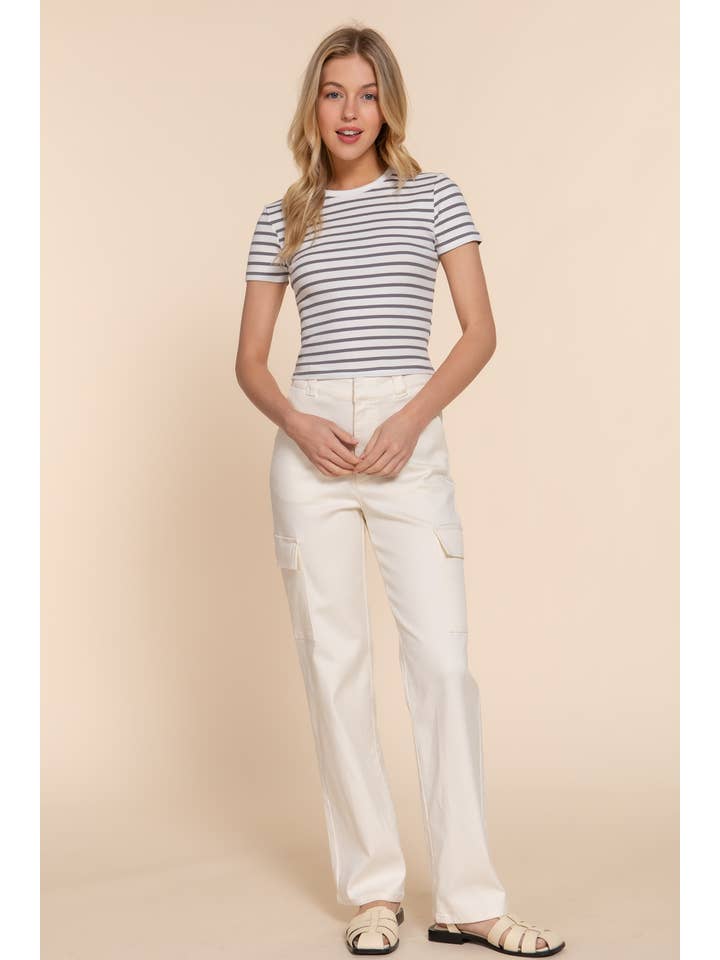 Active Basic | Active USA - Vendita all'ingrosso Top in maglia - Donna - Top a righe in cotone a costine con maniche corte e collo rotondo7