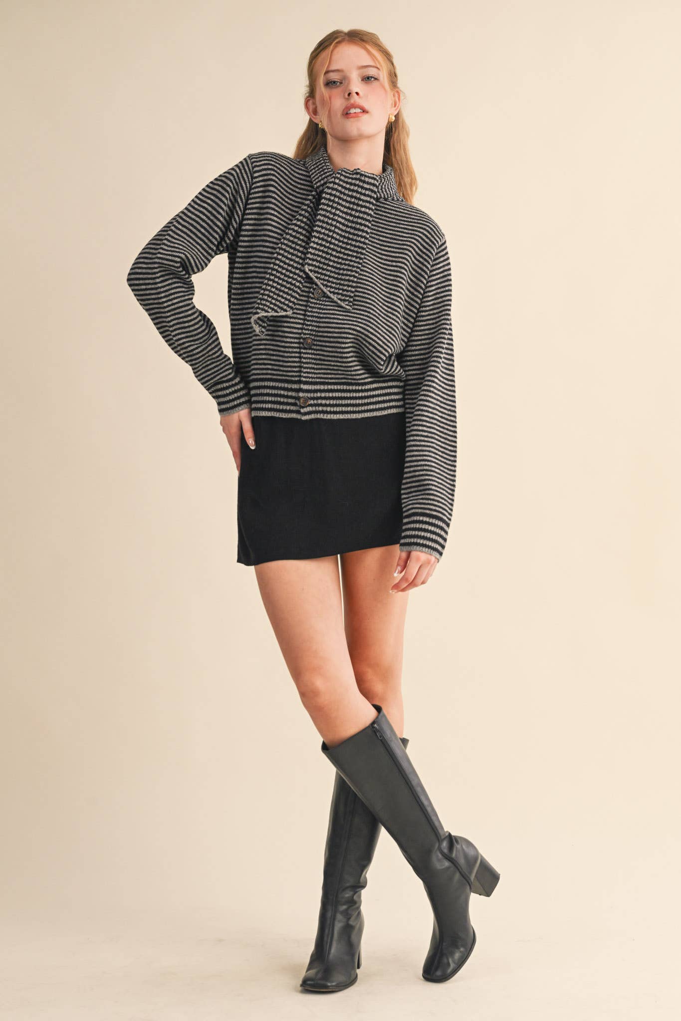 &MERCI - Wholesale Knit Sweater - Women's - STRIPED TYING NECK SWEATER CARDIGAN MSW111258