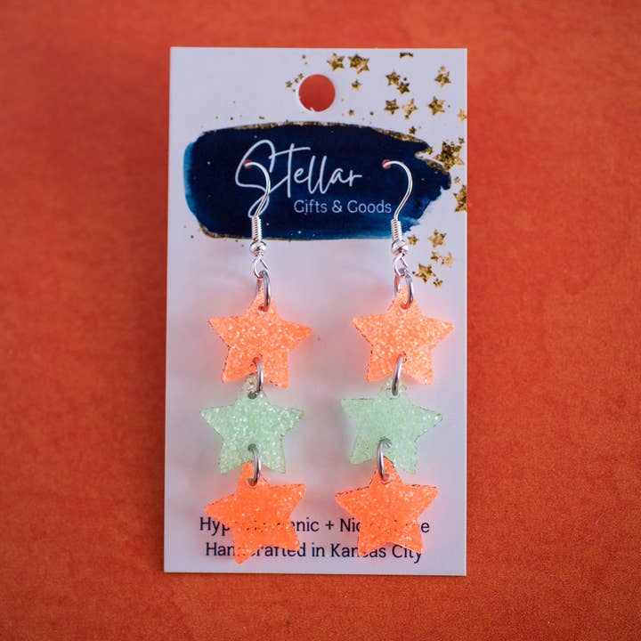 Triple Star Dangles - Orange & Mint Showgirl Earrings for wholesale by Stellar Gifts & Goods Wholesale